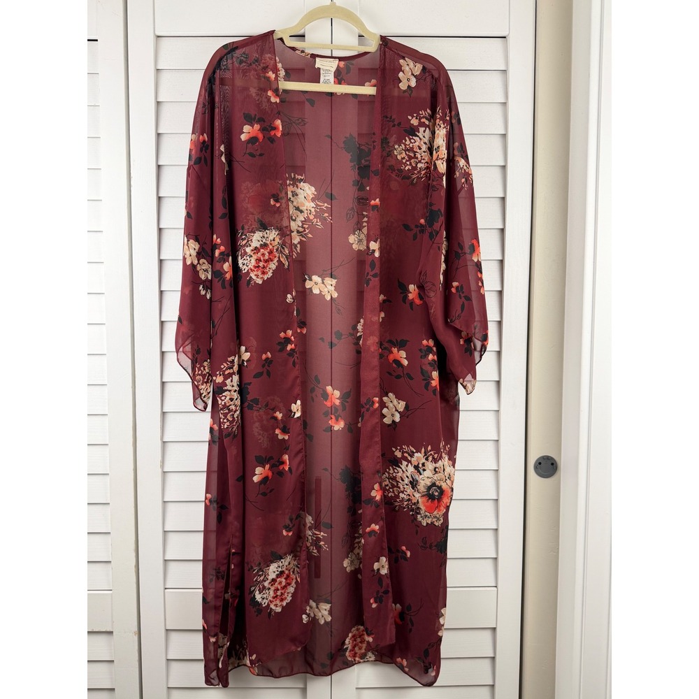 Emory Park Kimono Duster XL Burgundy Floral Sheer Chiffon Longline